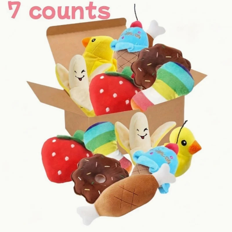 Um conjunto de 7 peças de brinquedos sonoros para cachorros, mastigar animais de estimação de pelúcia soltos, lanches de frutas de pelúcia e brinquedos para cachorros vegetais, adequados para brinquedos fofos