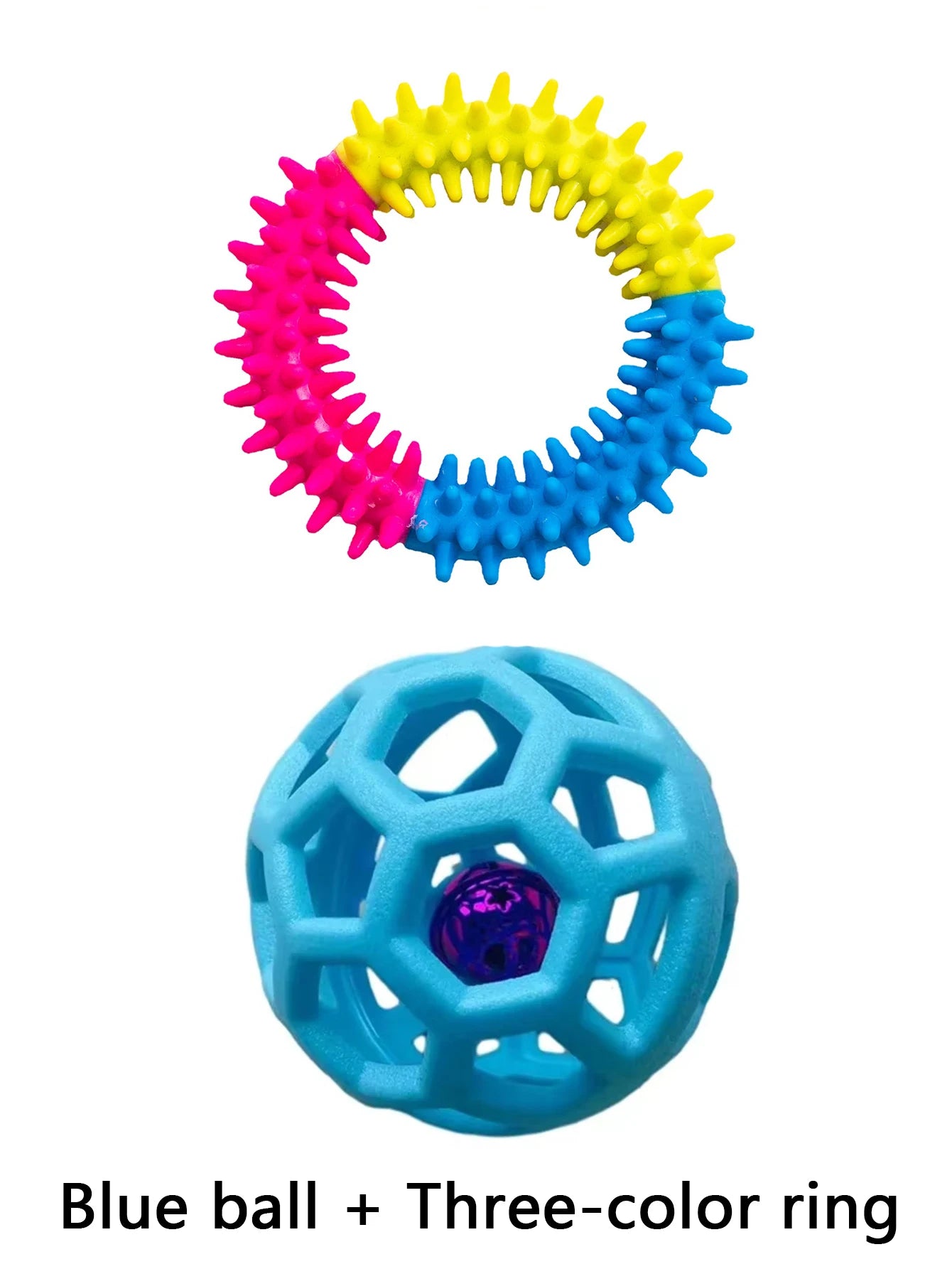2 brinquedos para cães de estimação: bola de sino resistente à mordida e anel molar tricolor, borracha macia para moagem e mastigar dentes