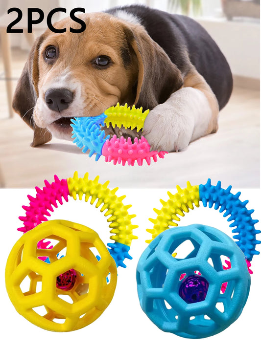 2 brinquedos para cães de estimação: bola de sino resistente à mordida e anel molar tricolor, borracha macia para moagem e mastigar dentes