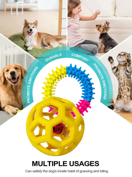 2 brinquedos para cães de estimação: bola de sino resistente à mordida e anel molar tricolor, borracha macia para moagem e mastigar dentes
