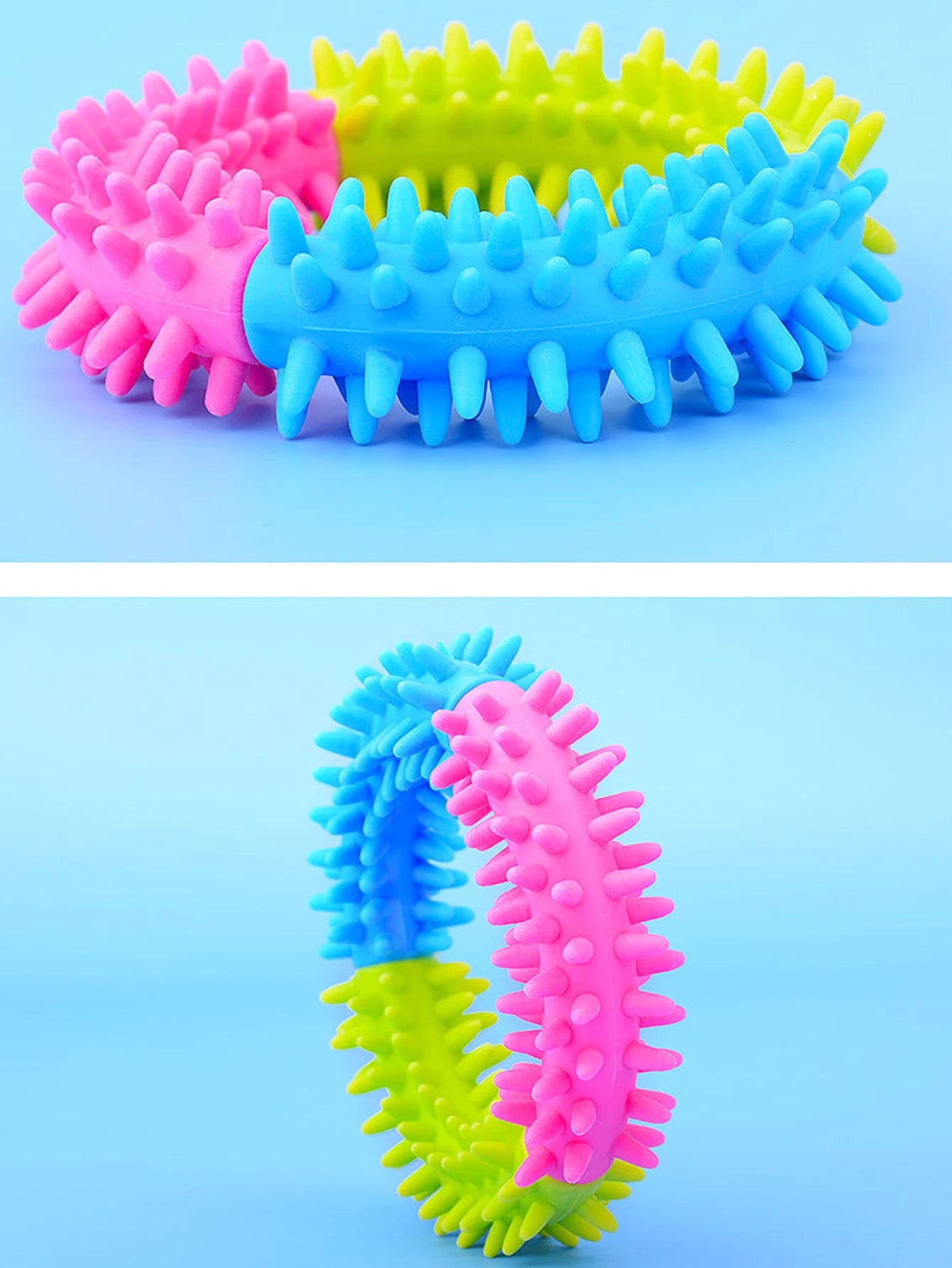 2 brinquedos para cães de estimação: bola de sino resistente à mordida e anel molar tricolor, borracha macia para moagem e mastigar dentes