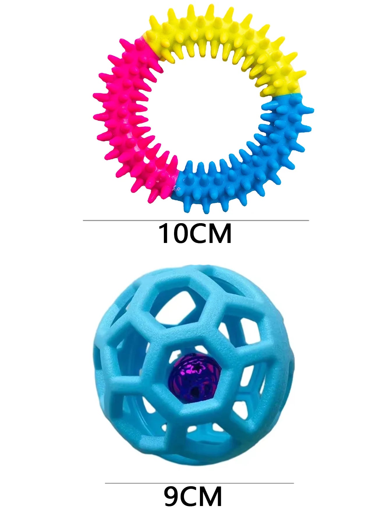 2 brinquedos para cães de estimação: bola de sino resistente à mordida e anel molar tricolor, borracha macia para moagem e mastigar dentes