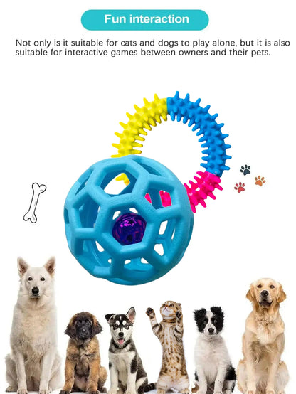 2 brinquedos para cães de estimação: bola de sino resistente à mordida e anel molar tricolor, borracha macia para moagem e mastigar dentes